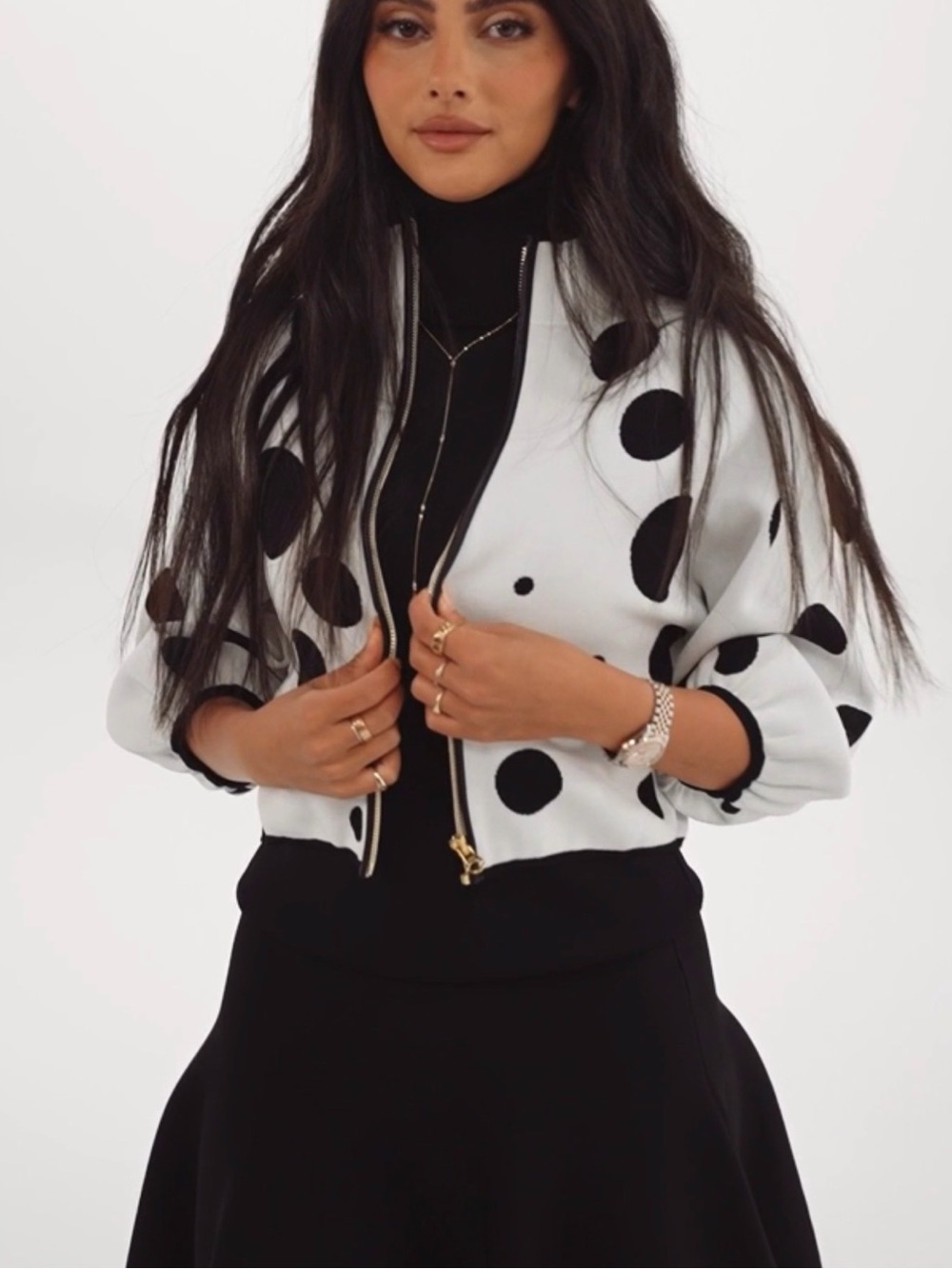 Aleeza Paris polka dot black white zip cardigan size Large